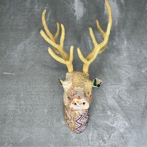 Faux Kantha Patchwork Deer Stag Fabric Covered Wall Decor Gold Antlers Boho
